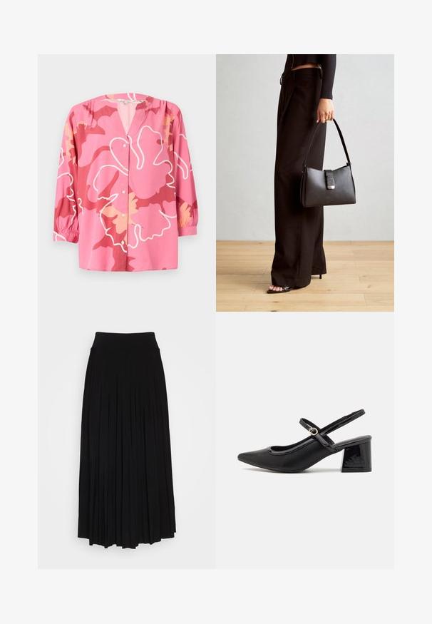 Blusa rosa realizzata in tessuto leggero con scollatura a V, maniche 3/4 e un audace motivo floreale in diverse tonalità di rosa e crema.; Gonna nera plissettata con vita alta e elastica. Realizzata in tessuto morbido, presenta plissettature verticali per una silhouette fluida.; Décolleté in vernice nera con cinturino dietro, punta affusolata, design con ritagli arrotondati e tacco a blocco. Presenta un accento di fibbia tono oro.; Borsa nera con forma strutturata, texture liscia e una chiusura metallica. Abbinata a pantaloni neri larghi e sandali open-toe su un pavimento in legno.