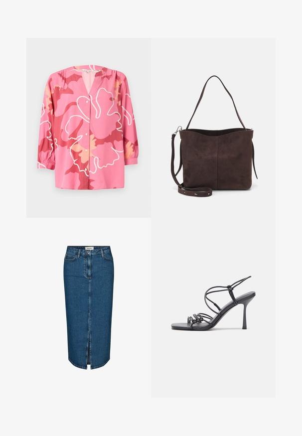 Rosa Bluse aus leichtem Stoff mit V-Ausschnitt, 3/4-Ärmeln und einem kräftigen Blumenmuster in verschiedenen Rosa- und Cremetönen.; Dunkelblauer Denim-Bleistiftrock mit einem Schlitz vorne, fünf Taschen und kontrastierenden Nähten. Mittlere Taillenhöhe mit klassischem Design.; Schwarze, hochhackige Sandalen mit dünnen Riemen und einem geknoteten Design, einer glatten, rechteckigen Zehenpartie und einem eleganten Stiletto-Absatz.; Braune Wildleder-Tasche mit weicher Textur, ausgestattet mit einem einzelnen Schulterriemen und einer dezenten, gewölbten Öffnung an der Oberseite. Keine sichtbaren Beschläge.