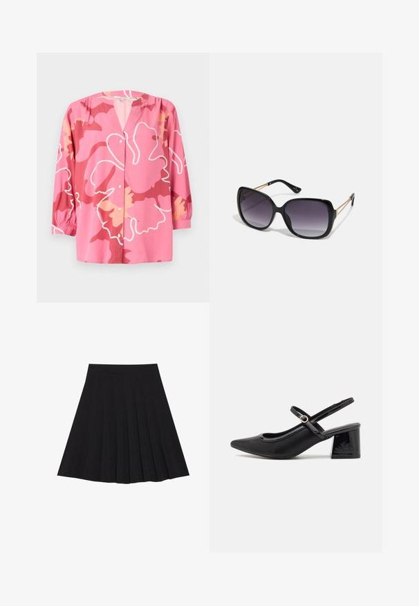 Růžová blůza vyrobená z lehkého materiálu, s výstřihem do V, 3/4 rukávy a výrazným květinovým vzorem v různých odstínech růžové a krémové.; Černá plisovaná sukně vyrobená z texturované látky s dobře padnoucím pasem. Délka sukně je ke kolenům a má hladký, jednoduchý siluetu.; Černé lakované lodičky s otevřenou patou, špičatou špičkou, zaobleným střihem a blokovým podpatkem. Zdobené akcentem v zlatém tónu.; Černé oversized sluneční brýle se gradientními skly, silnými rámy a zlatými řetízkovými detaily na nožičkách.; Černá kabelka se strukturovaným tvarem, hladkým povrchem a kovovým uzávěrem. Kombinována s širokými černými kalhotami a sandály s otevřenou špičkou na dřevěné podlaze.