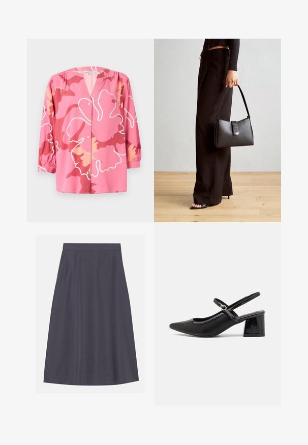 Rosa bluse laget av lett stoff med V-hals, 3/4-ermer og et dristig blomsterdesign i forskjellige nyanser av rosa og krem.; Et A-linjeet, mørkegrå skjørt laget av et glatt stoff med sidelommer, som har en ren midje og subtil sømdetaljering.; Sorte lakk lær slingback hæler med spiss tå, et avrundet utskjæringsdesign og blokkheel. Har en gulltone spenne som detalj.; Svart håndveske med strukturert form, jevn tekstur og metallisk lås. Kombinert med brede svarte bukser og sandaler med åpen tå på tregulv.