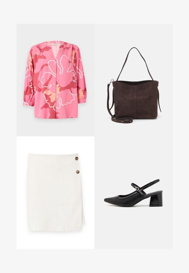 Ružičasta bluzica od lagane tkanine s V-izrezom, 3/4 rukavima i odvažnim cvjetnim uzorkom u raznim nijansama ružičaste i krem.; Bijela suknja od teksturirane tkanine, s dizajnom u obliku omota i dva okrugla gumba sa strane za kopčanje.; Crne lakirane slingback visoke potpetice s šiljastim vrhom, zaobljenim izrezom i blok potpeticom. Sadrži akcent zlatnog tona s kopčom.; Smeđa suđena torba s mekanom teksturom, s jednim remenom za rame i suptilno zakrivljenim gornjim otvorom. Nema vidljivih dijelova od hardvera.