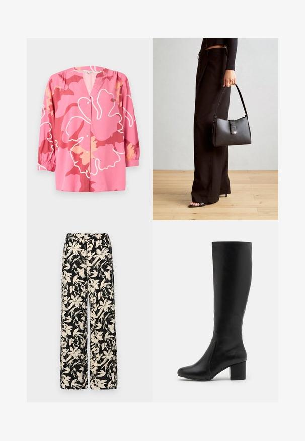 Rosa Bluse aus leichtem Stoff mit V-Ausschnitt, 3/4-Ärmeln und einem kräftigen Blumenmuster in verschiedenen Rosa- und Cremetönen.; Schwarze weit geschnittene Hose mit einem cremefarbenen Blumenmuster. Hergestellt aus leichtem Stoff, mit einer glatten Textur und einem hohen Bund.; Knielange schwarze Lederstiefel mit glatter Textur, abgerundeter Zehenpartie, Seitenpaneel und einem massiven Blockabsatz.; Schwarze Handtasche mit strukturierter Form, glatter Textur und einem metallischen Verschluss. Kombiniert mit weiten schwarzen Hosen und offenen Sandalen auf einem Holzboden.