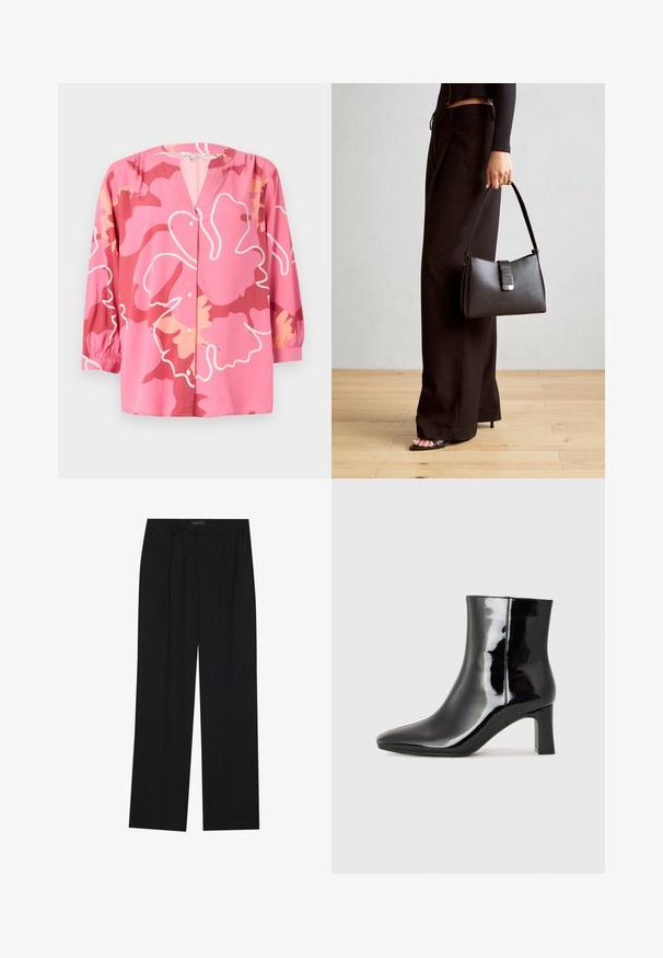 Pink blouse made of lightweight fabric with a V-neck, 3/4 sleeves, and a bold floral pattern in various shades of pink and cream.; Black trousers with a straight-leg design, featuring two front pockets and a waistband. Made from a smooth, lightweight fabric.; Black patent leather ankle boot with a pointed toe and a mid-height block heel. Smooth texture and minimalist design.; Black handbag with structured shape, smooth texture, and a metallic clasp. Paired with wide black pants and open-toe sandals on wooden floor.