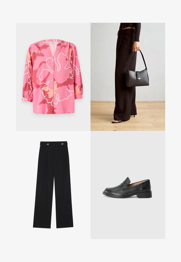 Rožinė bluzonė, pagaminta iš lengvos medžiagos, su V formos iškirpte, 3/4 ilgio rankovėmis ir ryškiu gėlių raštu įvairių rožinių ir kreminės spalvos atspalvių.; Juodi plačios kojos kelnės su aukštu liemeniu, sagų detalėmis ant liemens ir priekinėmis raukšlėmis.; Juodos odinės mokasinai su žemu kulnu, su siuvinėtu dizainu ir be užsegimo stiliumi, išdėstyti ant vientiso balto fono.; Juodas rankinė struktūrizuota forma, lygi tekstūra ir metalinis užsegimas. Suporuota su plačiomis juodomis kelnėmis ir atvirais bateliais ant medinių grindų.