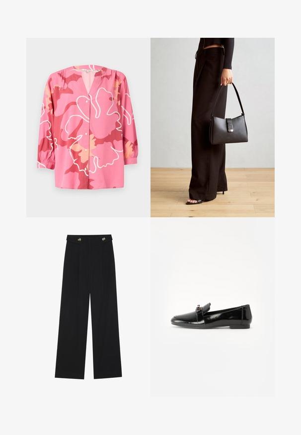 Roza bluzica iz lahkega materiala z V-izrezom, 3/4 rokavi in odrgnjenim cvetličnim vzorcem v različnih odtenkih roza in smetane.; Črne široke hlače s visokim pasom, gumbnimi detajli na pasu in sprednjimi gubami.; Črne lakirane usnjene loaferske čevlje s ravnim podplatom, zaobljenim nosom in dekorativnim pasom z zlatim naglasom. Gladek, sijoč poljšček.; Črna torbica z strukturirano obliko, gladko teksturo in kovinskim zaponko. Ujemajo se z širokimi črnimi hlačami in odprtimi sandali na lesenem tleh.