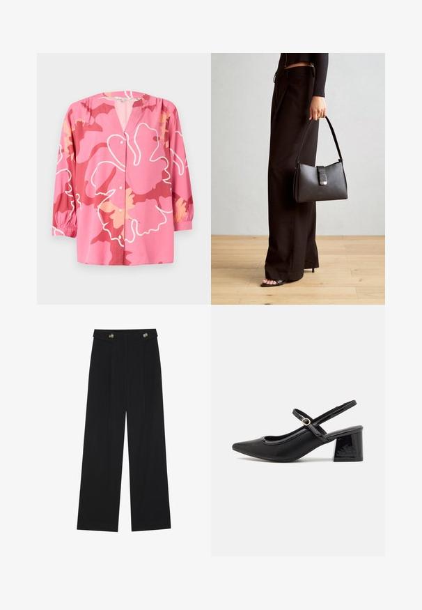 Ružová blúzka z ľahkého materiálu s véčkovým výstrihom, 3/4 rukávmi a výrazným kvetinovým vzorom v rôznych odtieňoch ružovej a krémovej.; Čierne široké nohavice s vysokým pásom, so zapínaním na gombíky na páse a prednými sklady.; Čierne lakované kožené lodičky so slingback dizajnom, špicatou špičkou, zaobleným výrezom a blokovým podpätkom. Obsahuje akcent zlatého tónu s prackou.; Čierna kabelka so štruktúrovaným tvarom, hladkou textúrou a kovovou sponou. V kombinácii so širokými čiernymi nohavicami a sandálmi s otvorenou špičkou na drevenej podlahe.