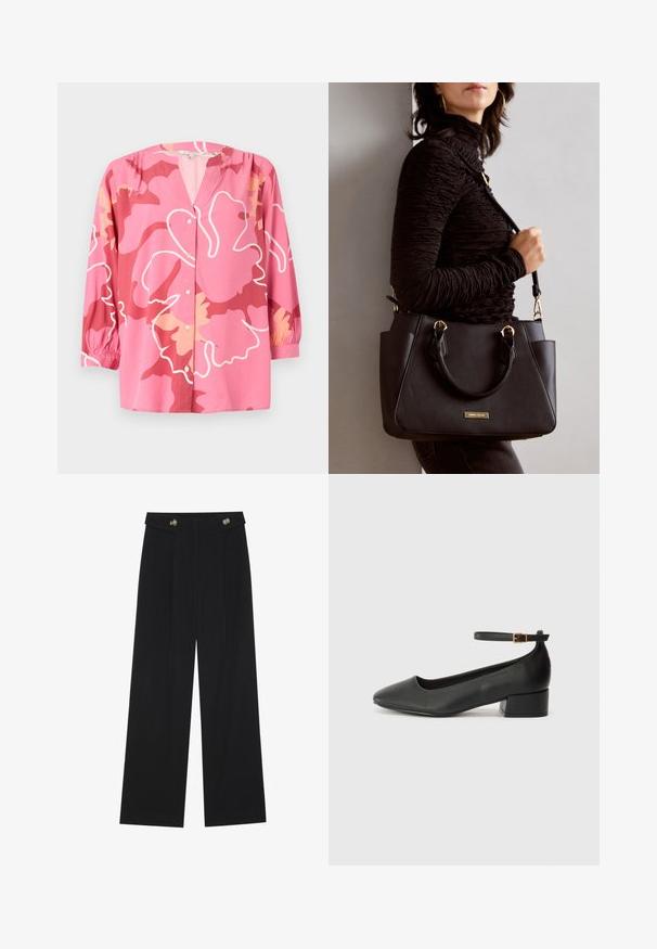 Pink blouse made of lightweight fabric with a V-neck, 3/4 sleeves, and a bold floral pattern in various shades of pink and cream.; Black wide-leg trousers with high waist, button details on waistband, and front pleats.; Black leather pump with a pointed toe and a low block heel. Features an ankle strap with a gold-tone buckle. Smooth texture.; Black handbag with textured surface, dual top handles, and adjustable shoulder strap. Features gold-tone hardware and side pockets.