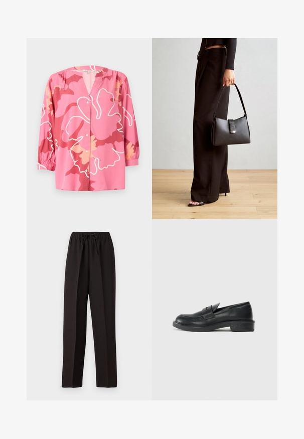 Blouse rose en tissu léger avec un col en V, des manches 3/4 et un motif floral audacieux dans des nuances variées de rose et de crème.; Pantalons larges noirs avec une taille élastique et un cordon de serrage ajustable. Fabriqués en un tissu léger et lisse sans motifs visibles.; Mocassins en cuir noir avec un bout arrondi, des détails cousus et un petit talon. Texture lisse et semelle en caoutchouc flexible.; Sac à main noir à la forme structurée, texture lisse et fermoir métallique. Associé à un pantalon noir ample et des sandales ouvertes sur un sol en bois.