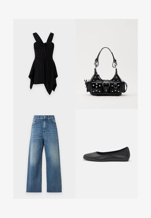 Schwarzes Kleid mit tailliertem Oberteil, geknotetem Detail an der Vorderseite, breiten Trägern und asymmetrischem Saum mit fließendem Stoff.; Hochtaillierte, weite Jeans aus blauem Denim mit einem verwaschenen Finish. Merkmale sind vordere Taschen und ein einfacher Knopfverschluss.; Schwarze Leder-Ballettschuhe mit abgerundeter Spitze, glatter Textur, minimalen Nähdetails und einem flexiblen Sohlen-Design.; Schwarze Lederhandtasche mit einem geschwungenen Design, verziert mit silbernen Nieten, einer Schnalle und zwei seitlichen Taschen. Verstellbarer Träger für verschiedene Tragemöglichkeiten.