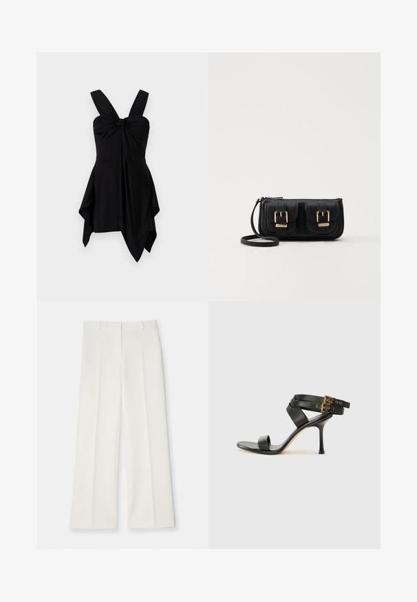 Abito nero con un corpetto aderente, dettaglio annodato davanti, spalline larghe e orlo asimmetrico con tessuto fluente.; Pantaloni a gamba larga in tessuto color crema chiaro, caratterizzati da una texture morbida, pieghe frontali e due tasche laterali. Design della vita rifinita.; Sandal nero con tacco a spillo, straps incrociati e fibbia regolabile. Presenta una texture liscia e un tacco affusolato.; Borsa a tracolla nera in pelle con due tasche frontali, fibbie dorate, chiusura con zip e una tracolla sottile. Superficie texturizzata e forma rettangolare compatta.