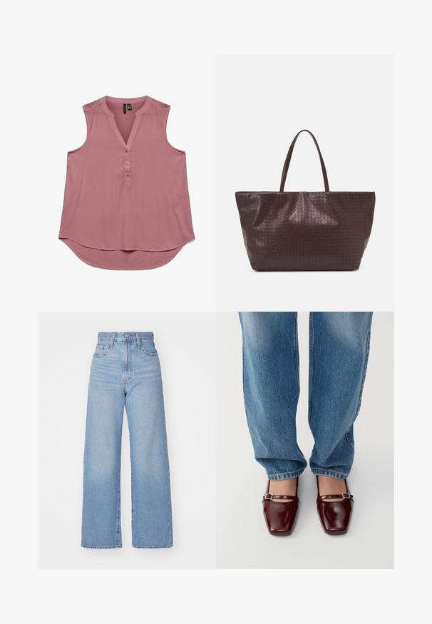 Blusa rosa senza maniche in tessuto leggero con scollatura a V e bottoni frontali. Orlo curvo per una vestibilità comoda, texture morbida e design semplice.; Jeans a vita alta blu chiaro con gamba larga, chiusura frontale con bottone e zip, tasche anteriori e posteriori, su uno sfondo bianco.; Scarpe in pelle verniciata bordeaux con punta quadrata e cinturino alla caviglia, abbinate a jeans loose-fit di colore blu chiaro. Le scarpe hanno una finitura lucida.; Borsa tote in pelle intrecciata marrone con due manici, dalla forma strutturata e superficie texturizzata, caratterizzata da un motivo a diamante in tutto il suo corpo.