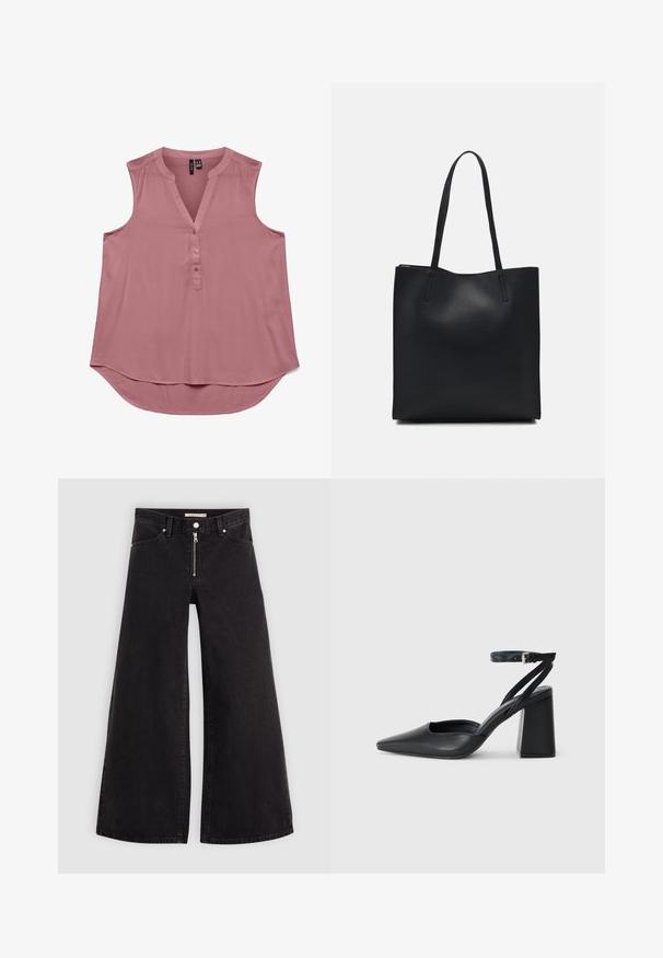 Kergest materjalist varrukateta roosa pluus V-kujuga ja nööpide ees. Kumer ääreline disain lõdva istuvuse saavutamiseks, sile tekstuur ja lihtne stiil.; Laiad teksad mustast denimist, millel on lukuga eesmine osa, viie taskuga disain ja peened õmblusdetailid. Sile tekstuur ja juhuslik stiil.; Mustmustest must-käigukingad, millel on konksuga nöör ja paks konts. Ühtlane tekstuur, stiilne disain ja minimalistlik esteetika.; Mustast nahast kott sujuva tekstuuriga, ristkülikukujuline ja kahe pika sangaga. Pole nähtavat riistvara ega kaunistusi.