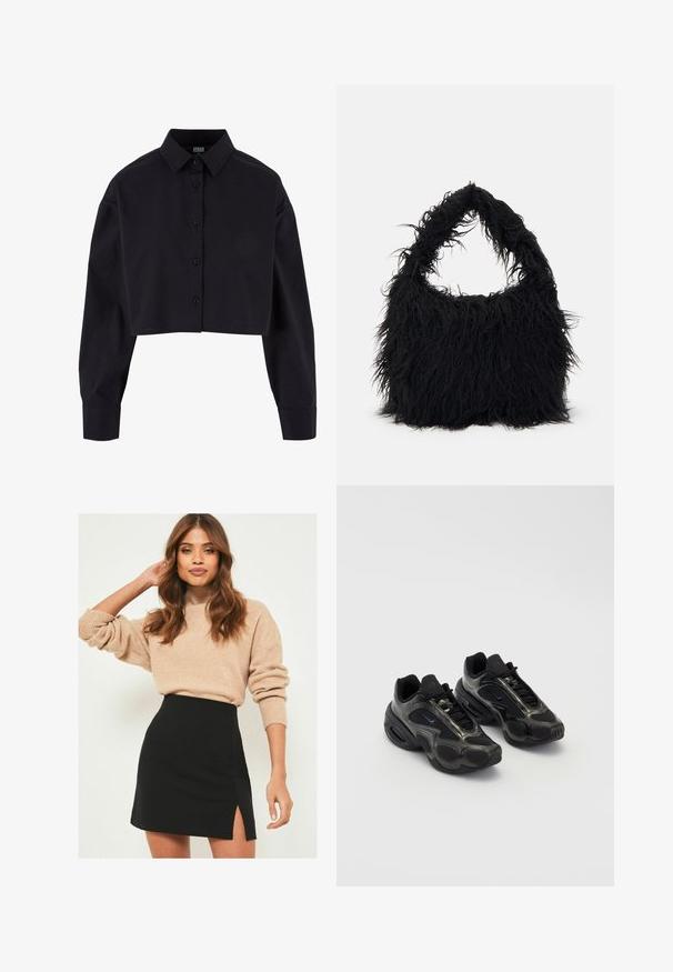 Camicia nera tagliata, realizzata in cotone, con maniche lunghe, colletto classico e orlo dritto.; Maglione beige a maglia con polsini a coste abbinato a una mini gonna nera con uno spacco laterale. L'outfit presenta una silhouette rilassata ma aderente.; Scarpe sportive nere in materiale sintetico, con dettagli in mesh e suole arrotondate. Presentano un sistema di allacciatura e un logo Nike ben visibile sulla linguetta.; Even&Odd Shopping bag - black