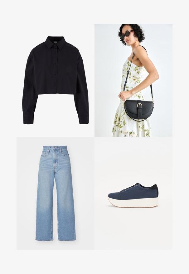 Fekete, rövidre vágott, pamut ing, hosszú ujjakkal, klasszikus gallérral és egyenes szegéllyel.; Világoskék, magas derekú, bő szárú farmernadrág, elülső gombbal és cipzárral, elülső és hátsó zsebekkel, fehér háttérrel.; Sötétkék sportcipő, texturált szövet felsőrész, fehér platform talp, lekerekített orr és fekete sarok akcentussal. Hat fűzőlyuk található rajta.; Fekete bőrtáska ívelt formával, levehető pánttal és arany színű fémrészekkel. A táskán egy csattal díszített fedél található.