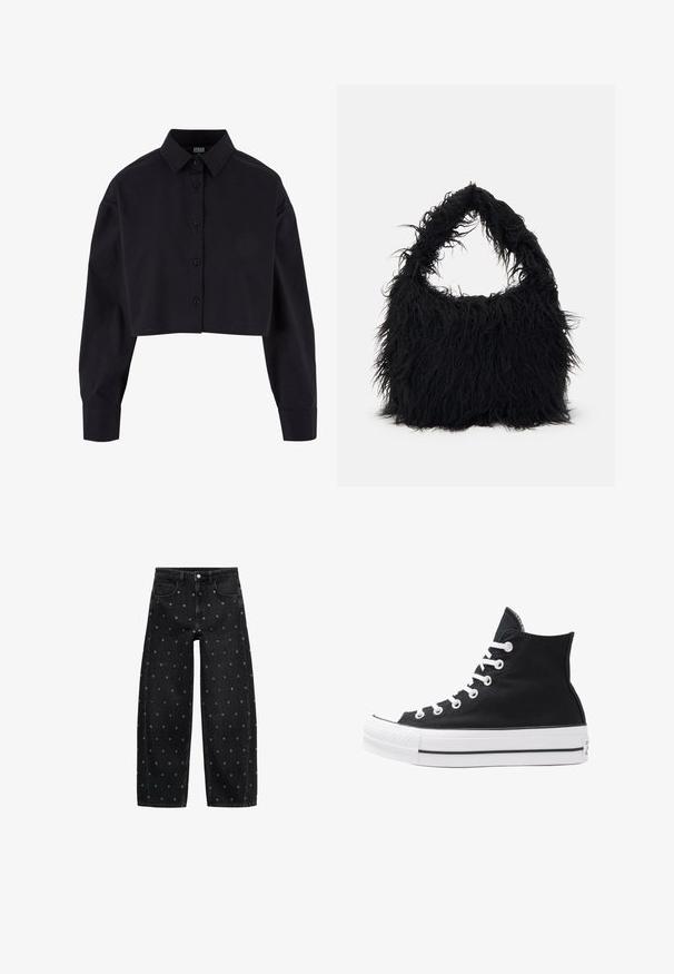 Skrajšana črna srajca z dolgimi rokavi iz bombaža, zasicana s klasičnim ovratnikom in ravnim robom.; Črne široke kavbojke iz denima z vzorcem manjših srebrnih gromet, klasičnega pet-pocket dizajna in sprednjim zapiranjem na gumb.; Visoke črne platnene superge z belimi režami, vezalkami in gumijastim podplatom. Ponašajo se z teksturiranim zaščitnikom za prste in črno-belimi črtami.; Even&Odd Torba za nakupovanje - black