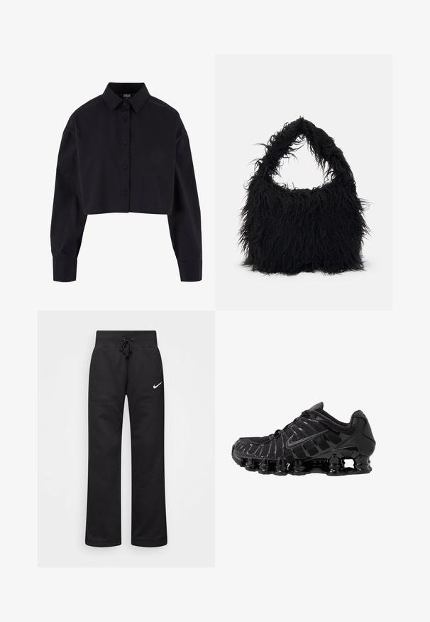 Camicia nera tagliata, realizzata in cotone, con maniche lunghe, colletto classico e orlo dritto.; Pantaloni sportivi neri realizzati in misto cotone, con vita elasticizzata regolabile, gambe dritte e logo bianco Nike sul lato sinistro.; Scarpa sportiva nera con tomaia in mesh e sovrapposizioni lucide. Presenta un'imbottitura a molla curva e linee texturizzate sul lato. Logo Nike visibile.; Even&Odd Shopping bag - black