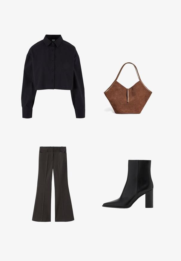 Krótka czarna koszula zapinana na guziki, wykonana z bawełny, z długimi rękawami, klasycznym kołnierzykiem i prostym dołem.; Czarne spodnie z szerokimi nogawkami i wysokim stanem; posiadają dwie przednie kieszenie oraz gładką teksturę materiału. Idealne na różne okazje.; Czarny skórzany botek za kostkę z ostrywnym noskiem, kwadratowym obcasem, gładką fakturą oraz detalami szycia wzdłuż szwów. Wysokość obcasów wynosi około 3,5 cala.; Brązowa zamszowa torba na ramię z skórzanym wykończeniem i cienkim zapięciem, o miękkim, szerokim i nieco kanciastym kształcie.