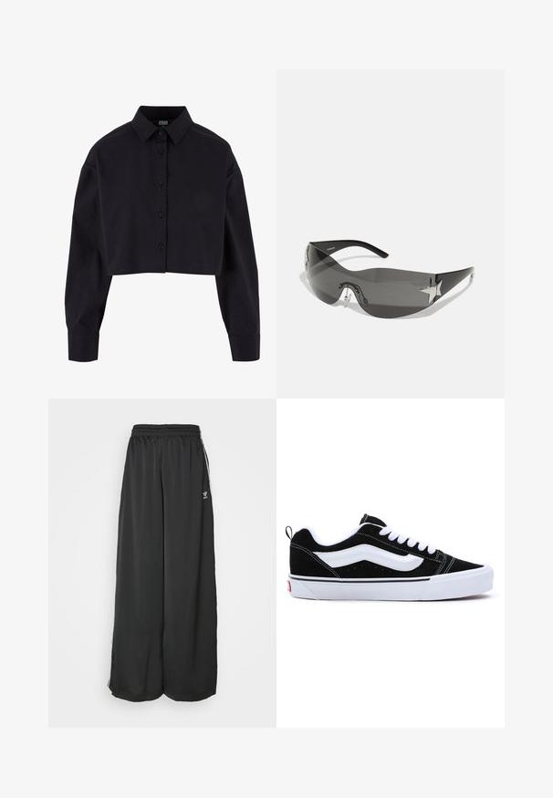 Afskåret sort skjorte med knapper lavet af bomuld, som har lange ærmer, en klassisk krave og en lige nederste kant.; Sorte løstsiddende træningsbukser lavet af glat stof. Har en elastisk talje og sidelogsstriber med logoaccents.; Sorte ruskinds sneakers med hvide detaljer, designet som low-top, med snørebåndslukning og en tykk hvid gummisål. Brandlogo på hælen.; Sorte solbriller med wrap-around design, mørktonede linser, skinnende stjerneformede detaljer og justerbare næsepuder.