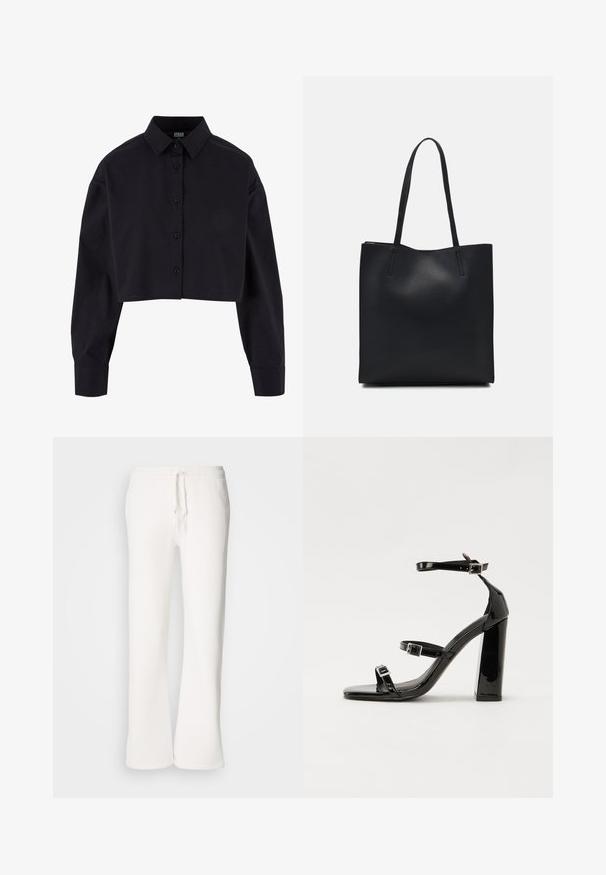 Camicia nera tagliata, realizzata in cotone, con maniche lunghe, colletto classico e orlo dritto.; Pantaloni della tuta bianchi, a vestibilità ampia, realizzati in tessuto morbido, con vita elastica dotata di laccetto e design a gamba dritta.; Sandali con tacco in vernice nera, con punta squadrata, cinturini alla caviglia e fibbie in argento. Presentano un tacco a blocco spesso per maggiore stabilità.; Borsa tote in pelle nera con texture liscia, forma rettangolare e due manici lunghi. Nessun hardware o decorazione visibile.