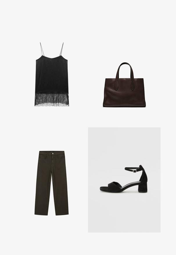 Czarna halka na cienkich ramiączkach, z teksturowanej tkaniny i koronkowym wykończeniem. Gładkie wykończenie na górze, skomplikowany wzór koronki na dole.; Ciemnozielone spodnie dżinsowe typu wide-leg wykonane z mieszanki bawełny, z zamkiem na guzik z przodu, pięcioma kieszeniami i klasycznym przeszyciem dżinsowym.; Czarne zamszowe sandały na obcasie z cienkim paskiem wokół kostki, otwartym noskiem i skromnym słupkowym obcasem. Gładka faktura i minimalne akcenty.; Brązowa skórzana torba tote z dwoma wydłużonymi uchwytami, usztywnionym prostokątnym kształtem, gładką teksturą i subtelnymi detalami przeszycia.