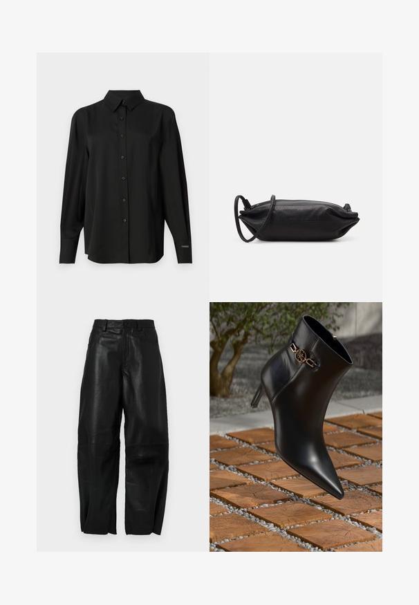 Svart knapp-up skjorta i slätt tyg, med klassisk krage, långärmad och en skräddarsydd passform med subtila axeldetaljer.; Svarta läderbyxor med lös passform, med en rak bendesign, framfickor och synliga sömdetaljer.; Svart läderankelstövel med spetsig tå och liten klack. Har en guldkedjeaccent vid ankeln. Omgiven av en texturerad stenytan.; Svart läderkuvertväska med rektangulär form, slät yta, tunn axelrem och minimalistisk design.