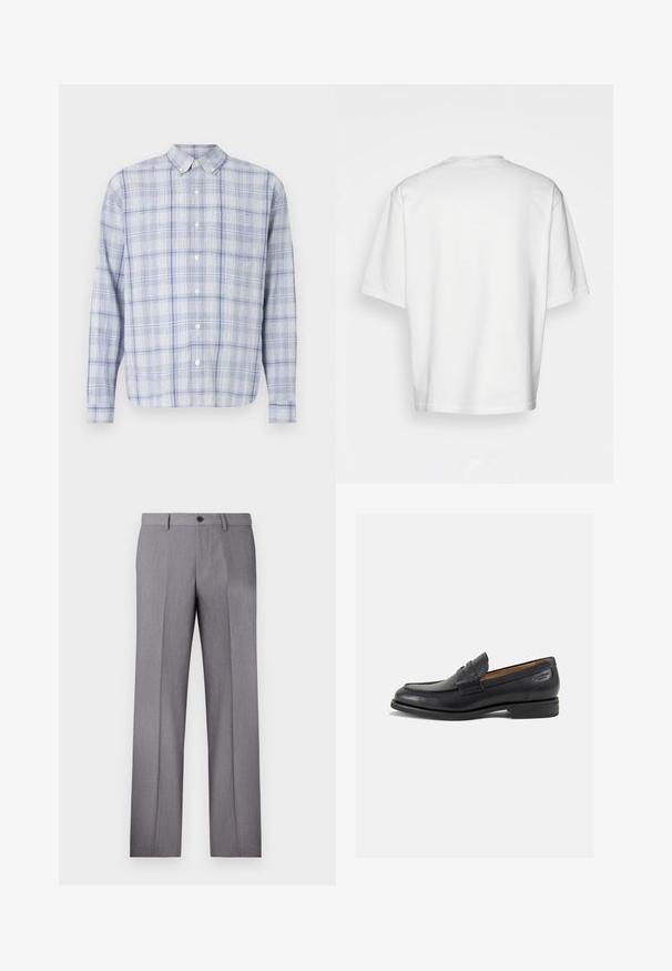 Pitkin pitkähihaisen nappipaidan vaaleansinisessä ja valkoisessa ruutukuosisessa. Ominaisuuksiin kuuluu klassinen kaulus ja pehmeä, tekstuuriinen kangas.; Valkoinen lyhythihainen t-paita, löysä malli, pyöreä pääntie, sileä puuvillakangas, koristamaton selkä, suora helma, ei kuvioita tai yksityiskohtia.; Harmaat räätälöidyt housut, joissa on tasainen etuosa, kaksi sivutaskua ja yksi nappikiinnitys. Sileä pinta, jossa on hienovarainen pinstripe-kuvio.; Mustat nahkaloaferit, joissa on sileä pinta, pyöreä varvas ja koristeompeleet varpaansuojassa. Matala pinottu korko ja hieno kiilto.