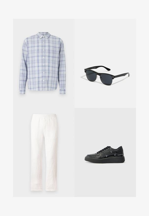 Long-sleeve button-up shirt in light blue and white checkered pattern. Features a classic collar and soft, textured fabric.; White linen pants with an elastic waistband, straight leg design, and slightly textured fabric. No patterns or additional details.; Black leather sneakers with a smooth finish, round toe, and contrasting black rubber sole. Features flat laces and branding on the side.; Black sunglasses with a rectangular shape, dark lenses, silver accents at the temples, and a matte finish on the frame.