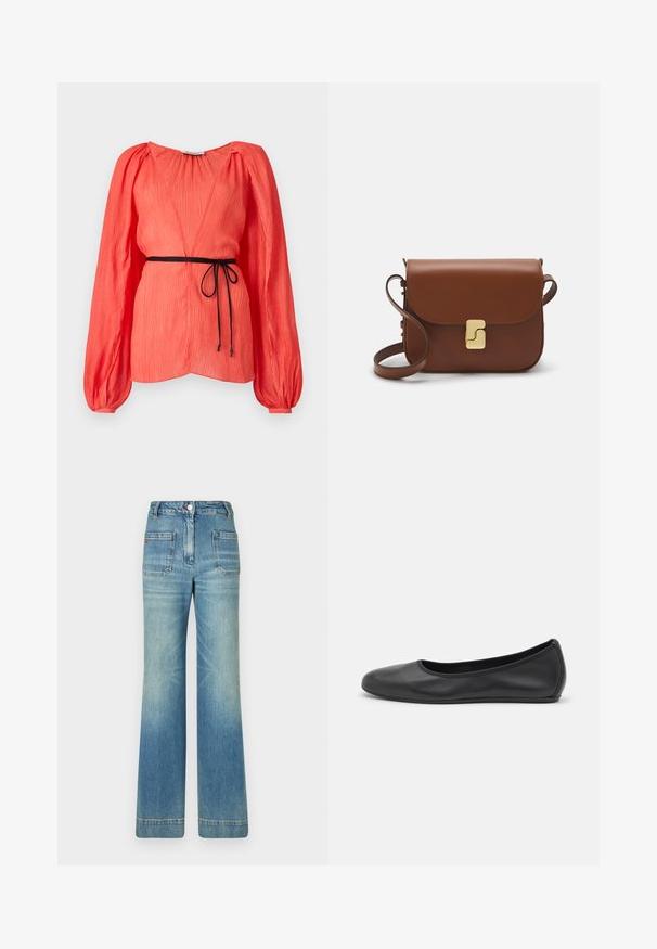 Korallinvärinen yläosa syvällä V-kaula-aukolla, pitkät puffihihat ja musta solmuvyö. Teksturoitu kangas, jossa on pystysuoria poimutuksia.; Valkoinen lyhythihainen t-paita, joka on valmistettu ribbytedusta kankaasta. Pyöreä pääntiie, normaali istuvuus ja hienovaraiset ompeluyksityiskohdat. Ei kuvioita tai grafiikkaa.; Vaaleansiniset farkut leveällä lahkeella, joissa on viisi taskua, vyölenkit, nappisulku ja hieman haalistunut pinta, sekä punainen logotyyppitys takana.; Musta nahkainen ballerina, jossa on pyöristetty kärki, sileä pinta, minimaalinen ommelkoristelu ja joustava pohjamuotoilu.; Ruskea nahkainen käsilaukku, jossa on läppäkiinnitys, kultasävyiset yksityiskohdat, olkahihna ja sileä pinta. Kompaktin suorakaiteen muotoinen.