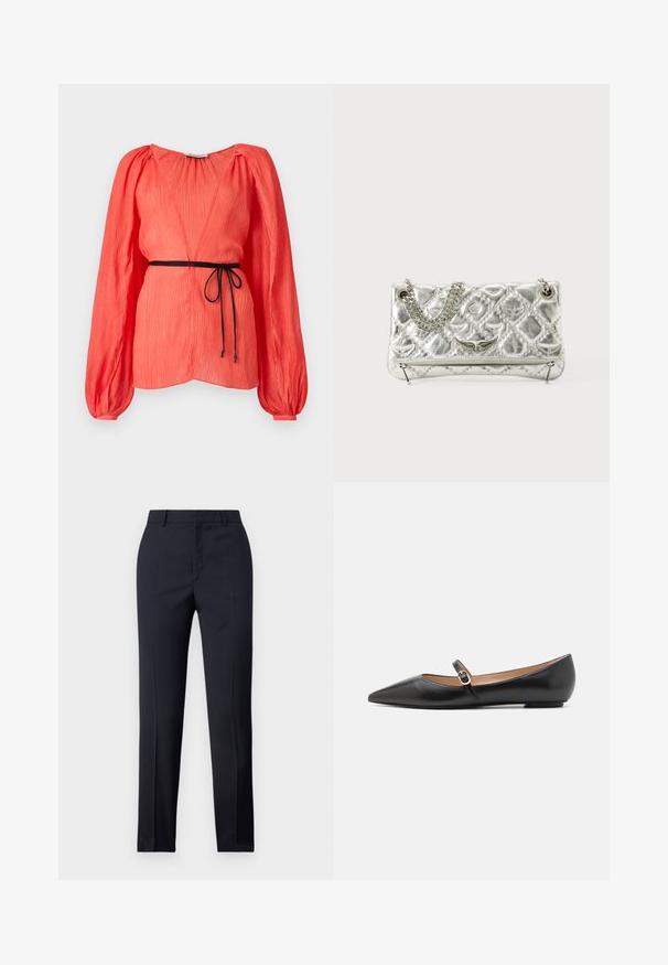 Koronkowy top w kolorze koralowym z głębokim dekoltem w kształcie litery V, długimi bufkami oraz czarnym paskiem do związania w talii. Strukturalny materiał z pionowymi fałdami w całej powierzchni.; Granatowe spodnie dopasowane o prostym kroju, o gładkiej fakturze, z dwoma przednimi kieszeniami i czystym pasem.; Czarne skórzane baletki z wydłużonym noskiem i bocznym paskiem z okrąłym złotym akcentem. Lekkie z płaską podeszwą.; Srebrna torebka metaliczna z łańcuszkowym uchwytem, pikowanym wzorem, dekoracyjnym haftem i zapięciem na zamek błyskawiczny. Posiada wytłoczone akcenty na przodzie.