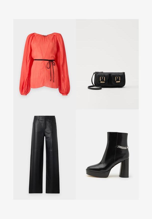 Top color corallo con profondo scollo a V, maniche lunghe a sbuffo e cinturino nero. Tessuto strutturato con pieghe verticali in tutto.; Pantaloni in pelle nera a gamba larga con una texture liscia, dotati di tasche frontali, chiusura a bottone e dettagli di cucitura sottili.; Stivale alla caviglia in vernice nera con una piattaforma chunky e un tallone alto a blocco. Presenta un accento di catena argentata sul lato. Texture liscia.; Borsa a tracolla nera in pelle con due tasche frontali, fibbie dorate, chiusura con zip e una tracolla sottile. Superficie texturizzata e forma rettangolare compatta.