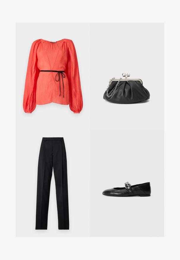 Top color corallo con profondo scollo a V, maniche lunghe a sbuffo e cinturino nero. Tessuto strutturato con pieghe verticali in tutto.; Pantaloni neri realizzati in tessuto morbido, caratterizzati da vita alta, gambe larghe, pince frontali e classiche passanti per cintura. Non ci sono tasche laterali visibili.; Ballerine in pelle nera con punta appuntita, dotate di una fascia con una fibbia metallica circolare e suola piatta.; Clutch in pelle nera con texture arricciata, cornice in metallo color argento, chiusura a scatto e tracolla a catena. Superficie liscia e morbida.