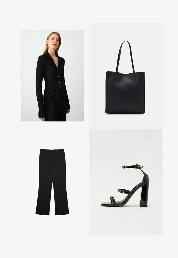 Schwarzes Hemd mit Knopfleiste aus einem strukturierten Stoff, langen Ärmeln und Kragen. Verfügt über kleine goldene Knöpfe und eine taillierte Passform.; Schwarze Hose mit geradem Schnitt, ausgestattet mit Fronttaschen und Seitenschlitzen am Saum. Hergestellt aus weichem, glattem Stoff. Geeignet für verschiedene Anlässe.; Schwarze patentierte Sandalen mit Absatz, quadratischer Spitze, Knöchelriemen und silbernen Schnallen. Mit einem stabilen Blockabsatz für mehr Stabilität.; Schwarze Laptoptasche aus Leder mit glatter Textur, rechteckiger Form und zwei langen Griffen. Keine sichtbaren Beschläge oder Verzierungen.