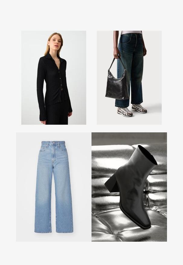 Black button-up shirt with a textured fabric, long sleeves, and a collar. Features small golden buttons and a fitted design.; Light blue high-waist wide-leg jeans with front button and zip closure, front and back pockets, on a white background.; Black ankle boot made of glossy material with a square toe and tapered heel, set against a shiny silver tufted background.; Black leather shoulder bag with a smooth texture and adjustable strap, paired with faded wide-leg jeans and athletic sneakers.