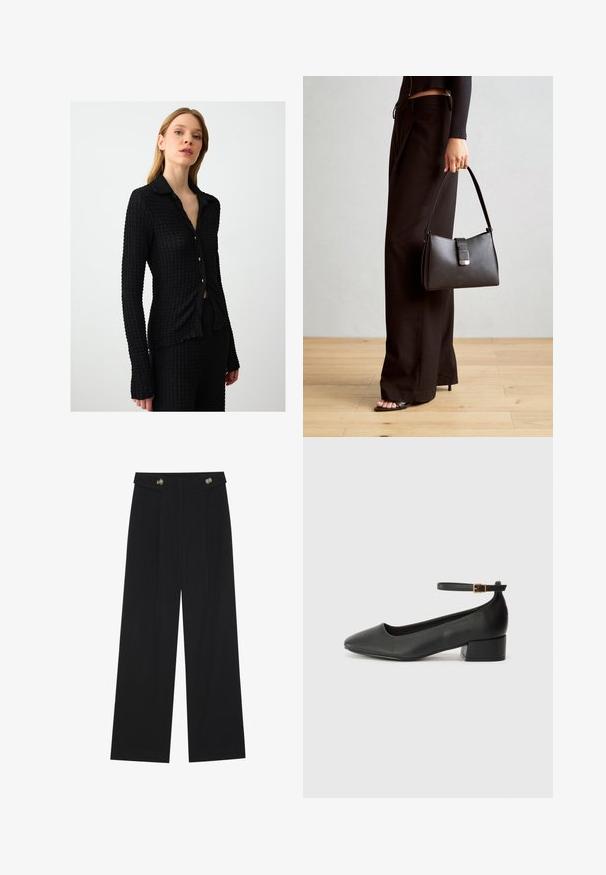 Czarna koszula z długim rękawem, z teksturowanej tkaniny, zapinana na guziki. Posiada małe złote guziki i dopasowany krój.; Czarne szerokie spodnie z wysokim stanem, z detalami w postaci guzików na pasku oraz plisami z przodu.; Czarne skórzane szpilki z ostrym noskiem i niskim słupkowym obcasem. Wyposażone w pasek na kostkę z złotym zapięciem. Gładka tekstura.; Czarna torebka o usztywnionym kształcie, gładkiej fakturze i metalowym zapięciem. Połączona z szerokimi czarnymi spodniami i sandałami na otwartym palcu na drewnianej podłodze.