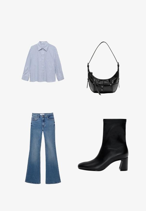 Blue and white striped shirt with a collared neck, front button closure, long sleeves, and a single chest pocket. Smooth, lightweight fabric.; Blue denim flared jeans with front and back pockets, belt loops, and button closure, laid flat on a white background.; Black ankle boot made of smooth leather. Features a square toe, elasticated top, and a chunky heel for stability. Minimalist design.; Black leather shoulder bag with a curved shape, featuring silver studs and stitch detailing. Adjustable strap for versatility.