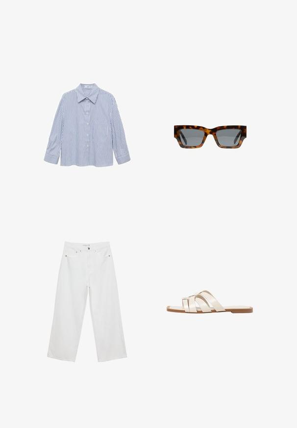 Blå og hvid stribet skjorte med krave, knaplukning foran, lange ærmer og en enkelt brystlomme. Glat, letvægtsstof.; Hvide bukser med bred benvidde lavet af denim med høj talje, der har fem lommer og metalhardware. Glat tekstur, uden synlige mønstre.; Flade sandaler med en lys gummisål, designet med tre overlappende hvide læderremme og en lille sløjfe detalje i midten.; Skildpaddemønstrede solbriller med vinkelformede rammer, grå linser og en glat overflade. Har et iøjnefaldende geometrisk design og tykke stænger.