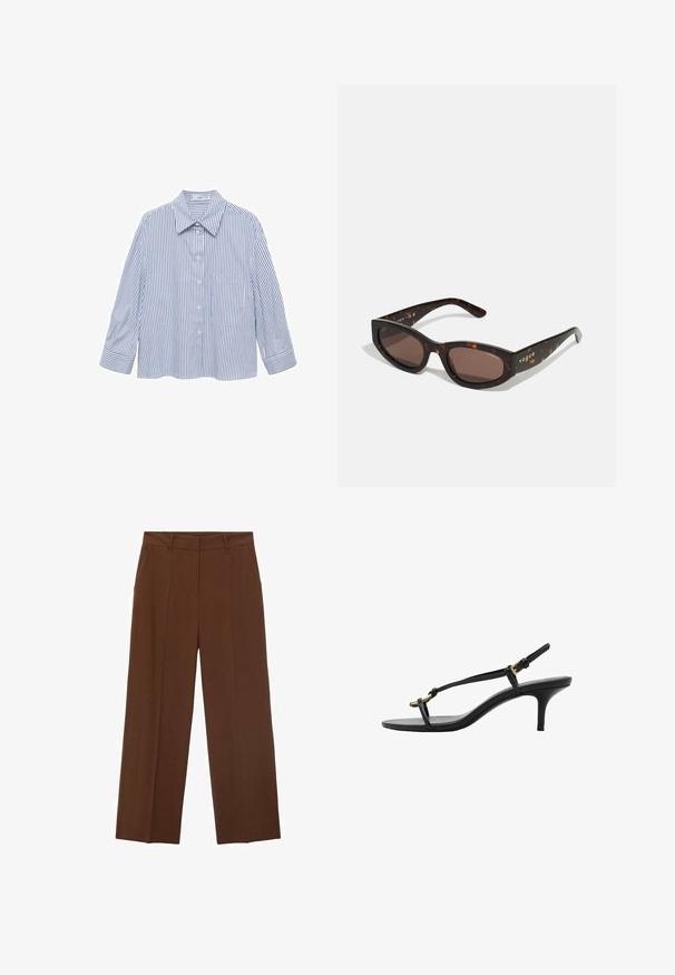 Modrá a biela pruhovaná košeľa s golierom, predným zapínaním na gombíky, dlhými rukávmi a jednou náprsníkovou vreckom. Hladký, ľahký materiál.; Hnedé široké nohavice vyrobené z hladkej látky s vysokým pásom, s prednými vreckami a upraveným záhybom vpredu.; Čierne kožené sandále na malom podpätku s tenkými pásikmi, zlatou prackou a minimalistickým prstovým pásikom na bielom pozadí.; Hnedé tortoiseshell slnečné okuliare s obdĺžnikovým tvarom, tmavohnedými šošovkami a zlatým logom "vogue" na straniciach.; Tkaná hnedá kožená kabelka zaobleného tvaru, s dvojitými hornými uchami a hladkým povrchom; obsahuje jemné prešívanie pre dizajnový detail.; Strieborný náhrdelník so zlatým akcentom, obsahujúci tri prepojené kruhy: dva strieborné a jeden zlatý, so hladkým povrchom a uzáverom na sponu typu homár.