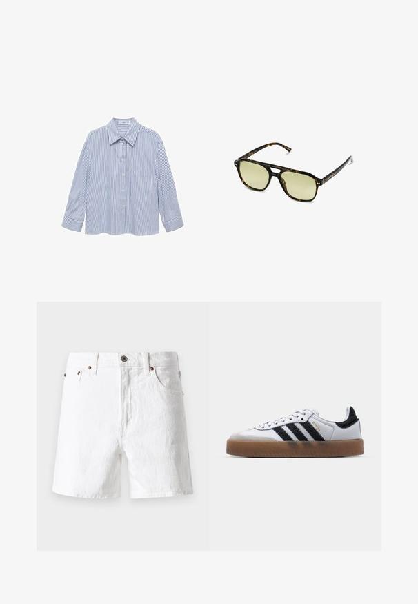 Blå og hvid stribet skjorte med krave, knaplukning foran, lange ærmer og en enkelt brystlomme. Glat, letvægtsstof.; Hvide denimshorts med klassisk design, fem-lomme stil, kobberknap-detaljer og en let tekstureret stoffinish.; Hvide lædersneakers med sorte striber, gummirubber sål, rund tå, snørelukning og blød grå ruskinds tåhætte.; Skildpaddemønstrede solbriller med rektangulær form, grønfarvede linser og mønstrede acetatstel. Har metaldetaljer nær linserne.