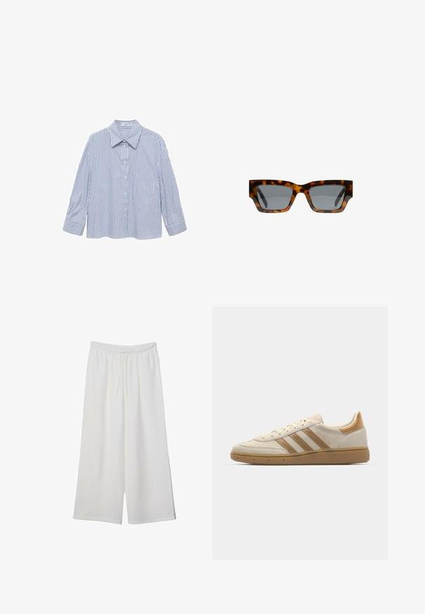 Blue and white striped shirt with a collared neck, front button closure, long sleeves, and a single chest pocket. Smooth, lightweight fabric.; White wide-leg trousers made of lightweight fabric, featuring an elastic waistband and a drawstring for adjustable fit. Smooth texture.; Beige suede sneaker with light brown accents. Features three brown stripes, textured rubber sole, and a rounded toe design.; Tortoiseshell sunglasses with angular frames, gray lenses, and a smooth finish. Features a bold geometric design and thick temples.