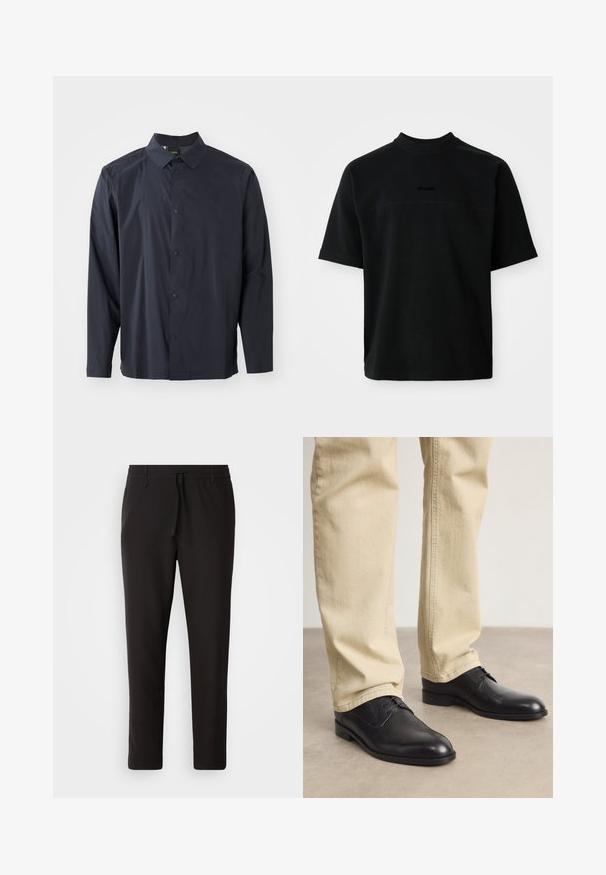 Camisa azul-marinho de botões com colarinho, mangas compridas e tecido texturizado. Apresenta uma pala frontal com botões e um detalhe sutil do logótipo.; Camiseta preta de manga curta feita de algodão com gola alta, apresentando uma textura suave e um logotipo discreto ao centro.; Calças de jogging pretas feitas de tecido liso. Apresentam uma cintura elástica com cordão, pernas ligeiramente ajustadas e sem bolsos visíveis. Design simples.; Sapatos pretos de couro com atacadores, com bico arredondado, acabamento suave e detalhes de costura subtis, usados com calças bege claras.