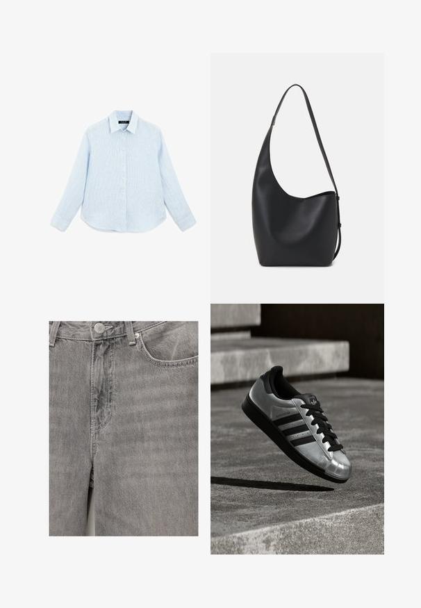 Lichtblauwe, lange mouwen overhemd met knopen, gemaakt van een textuurstof. Heeft een spitse kraag, knopen aan de voorkant en een gebogen zoom.; Grijze denim jeans met een gladde textuur, voorzien van een sluiting met een voorknoop en rits, zijzakken en subtiele stikdetails.; Zilveren sneaker met een zwarte rubberen zool, zwarte veters en drie zwarte strepen. Heeft een metalen finish en een klassieke shell-toe ontwerp.; Zwarte leren hobo tas met een gladde textuur, kromme vorm en een enkele verstelbare schouderband; heeft een brede opening aan de bovenkant.