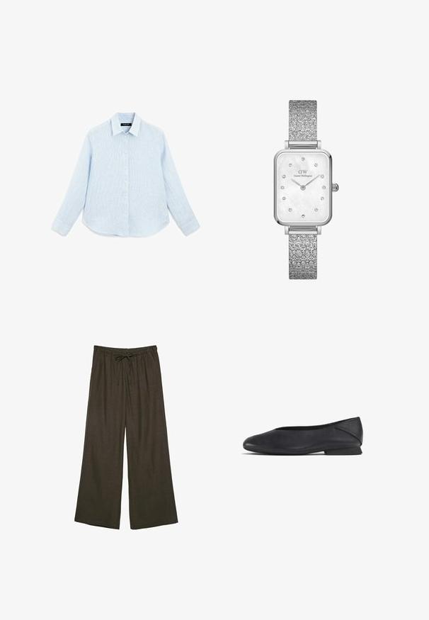 Jasnoniebieska, długorękawowa koszula zapinana na guziki, wykonana z teksturowanej tkaniny. Posiada ostre kołnierzyki, guziki z przodu oraz zaokrąglony dół.; Ciemnobrązowe spodnie typu wide-leg z elastycznym pasem i regulowanym sznurkiem. Wykonane z miękkiego, lekkiego materiału.; Czarne skórzane płaskie buty z zaokrąglonym noskiem i niskim obcasem, zaprojektowane do noszenia na co dzień lub na formalne okazje.; Daniel Wellington QUADRO PRESSED STUDIO LUMINE - Zegarek