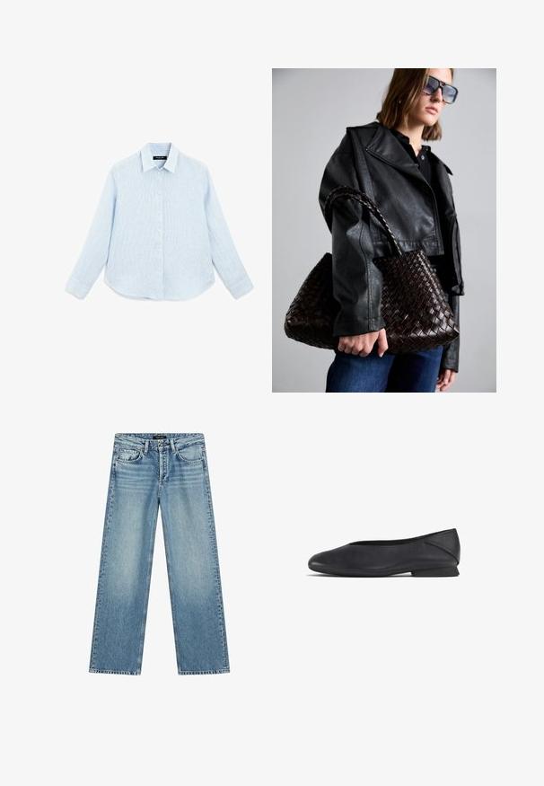 Lys blå, langærmet skjorte med knaplukning lavet af tekstureret stof. Har en spids krave, forreste knapper og en buet kant.; Lyseblå vidde jeans lavet af denim. Har fem lommer, lukning med knap og subtil falmen, der skaber et tekstureret udseende.; Sorte læder flade sko med rund tå og lav hæl, designet til både casual og formelt brug.; DRAGON DIFFUSION SANTA CROCE BIG - Håndtasker - dark brown