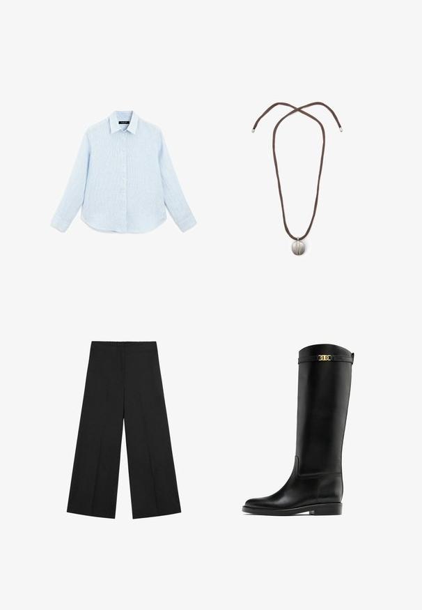 Lys blå, langærmet skjorte med knaplukning lavet af tekstureret stof. Har en spids krave, forreste knapper og en buet kant.; Sorte bukser med vidde i benene og elastisk taljebånd. Fremstillet af let stof med en glat tekstur og rent, minimalistisk design.; Knæhøje sorte læderstøvler med en glat tekstur, flad sål og en guldaccentrem ved toppen. Klassisk og strømlinet design.; Halskæde med en brun snor og en sølv oval vedhæng. Vedhænget har en glat overflade og en let fordybning i midten.