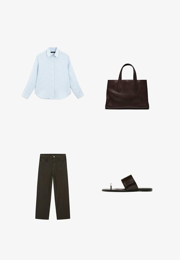 Light blue, long-sleeve button-up shirt made of textured fabric. Features a pointed collar, front buttons, and a curved hemline.; Dark green wide-leg jeans made of cotton blend, featuring a front button closure, five pockets, and classic denim stitching.; Brown leather sandal with a wide strap and a toe ring. Flat sole with subtle texture and a smooth finish, featuring minimalistic design accents.; Brown leather tote bag with two elongated handles, structured rectangular shape, smooth texture, and subtle stitching details.