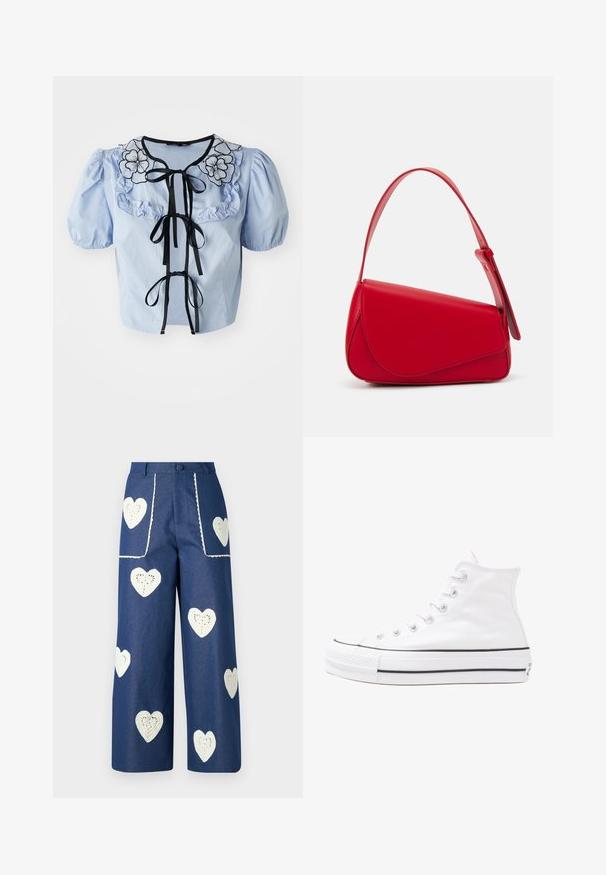 Jasnoniebieska bluzka z krótkim rękawem z falbaniastym kołnierzykiem, czarnym haftem kwiatowym i czarnymi wstążkami z przodu. Gładka bawełniana tekstura.; Sister Jane HEART TO HEART niebieski denim; Białe wysokie trampki z płótna z czarną gumową podeszwą, przednim czubkiem z gumy i sześcioma dziurkami na sznurowadła, charakteryzujące się prostym, minimalistycznym designem.; Czerwona skórzana torebka o kanciastym, geometrycznym designie. Posiada jedną regulowaną rączkę oraz zapięcie na klapę z przeszyciami.