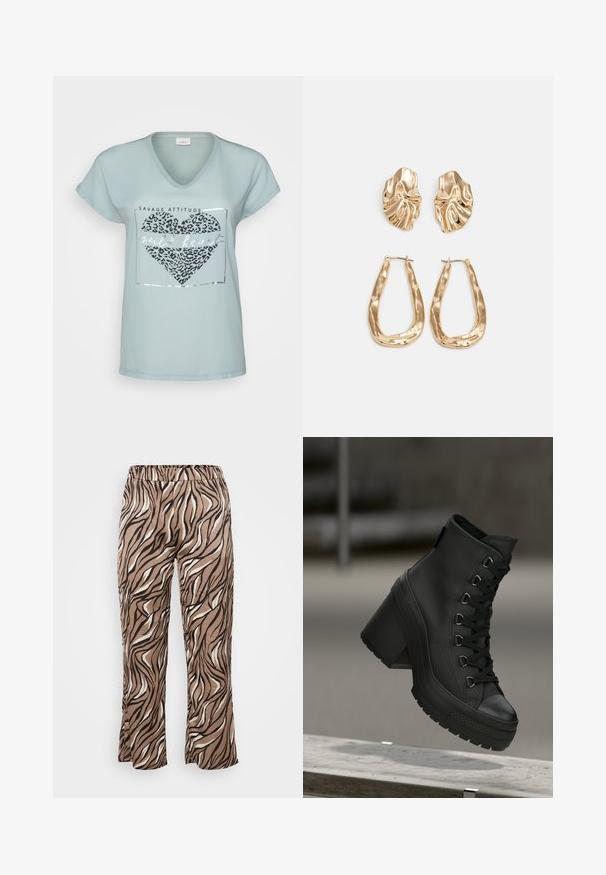 T-shirt de gola em V azul claro com mangas curtas, apresentando um design de coração em padrão de leopardo e lettering prateado que diz "coração selvagem."; Calças com padrão de zebra castanho e creme, com um cós elástico, apresentando um design de perna larga e uma textura de tecido suave.; Botas de plataforma pretas de cano alto com um acabamento em pele texturada, atacadores à frente e salto robusto. Apresenta uma sola de borracha com padrões de garras distintos.; Brincos em tom de ouro com formas onduladas e texturizadas. Inclui studs escultóricos com presilha e um design de argola aberta com um acabamento martelado.