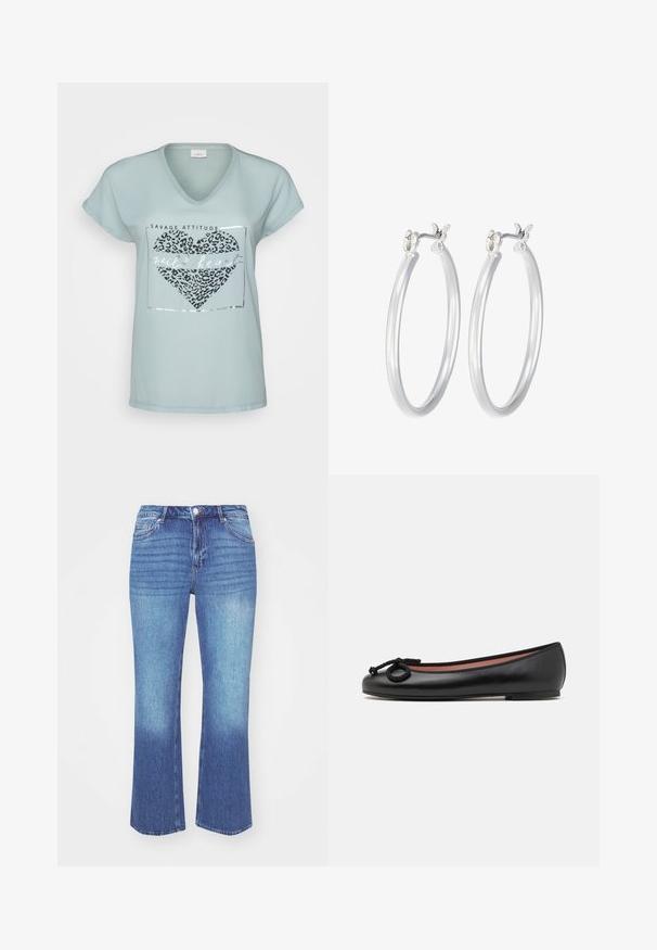 Světle modré tričko s výstřihem do V a krátkými rukávy, zdobené designem srdce s leopardím potiskem a stříbrným nápisem "wild heart".; Džínové kalhoty v přechodu světle modré až středně modré barvy. Mají rovný střih, pět kapes a vyšívané detaily podél švů.; Černé kožené baletní byty s kulatou špičkou, zdobené dekorativní mašlí a hladkým povrchem. Minimalistický design s nízkou, plochou podrážkou.; Stříbrné kruhové náušnice s hladkým, lesklým povrchem. Kulatý tvar a bezpečné zapínání na klip. Lehký design vhodný pro každodenní nošení.