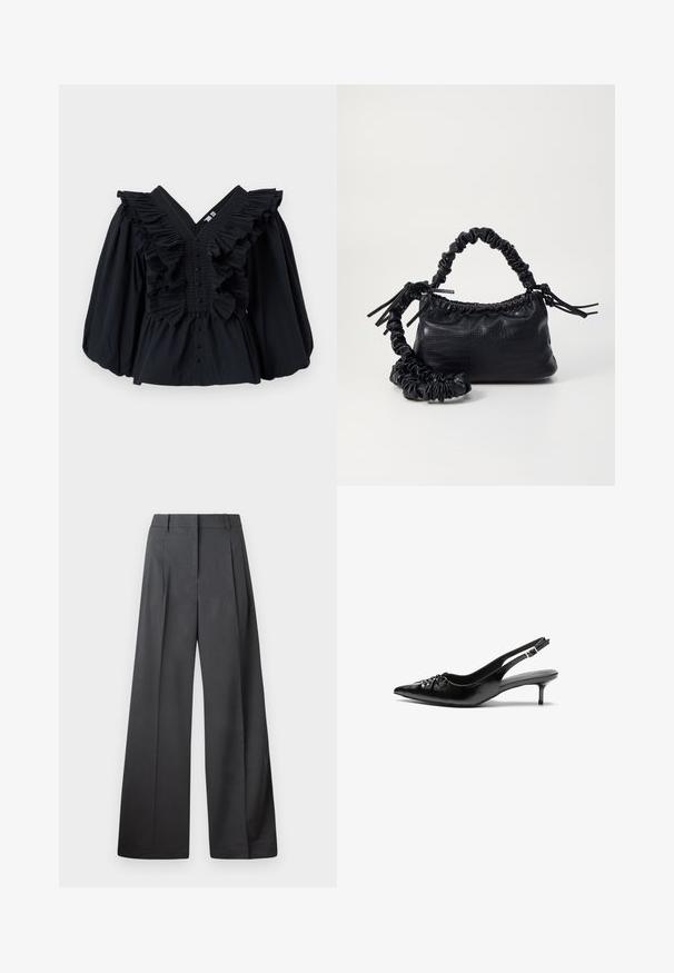 Mustaga V-kaelusega, hoogsate aksessuaaridega kaela ümber ning puffjalgsed varrukad. Ees on nööpidega sulgemine. Sile kangastekstuuri.; Tumesed püksid tumesinises kangas, kõrge vöökoht, üks voldik ning sile struktuur puhaste ääristega.; Mustad nahast rihmikud terava nina, madala kassisaba kand ja volditud detailiga eespool. Siledat tekstuuri ja minimalistlikku disaini.; Must must sünteetilisest nahast käekott, millel on krokodillimuster, kokku tõmmatav ülaosa ja kortsus rihm. Tundub pehme ja kompaktne disain.