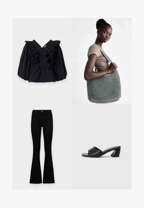 Mustaga V-kaelusega, hoogsate aksessuaaridega kaela ümber ning puffjalgsed varrukad. Ees on nööpidega sulgemine. Sile kangastekstuuri.; Mustad kõrge vöökohtadega teksad, millel on nööp ja lukuga sulgemine, esikäe taskud ja laienevad sääred, asetatud tasasele valgele taustale.; Must have musta sandaalid musta värvi, sujuva kunstnahast pealispind, avatud varbaga disain ja silmapaistev nurgeline konts. Minimalistlik ruudukujuline jalanõu sisemus.; Hallikas heegeldatud kott tekstureeritud viimistlusega ja laia tasapinnalise sangaga, hoitud beeži topi vastu, omades avarat ja struktureeritud disaini.